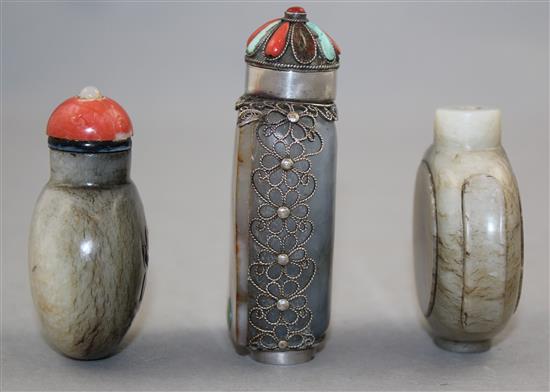 Three Chinese pale grey jade snuff bottles, 1850-1940, Richards no.s 449, 242 and 447